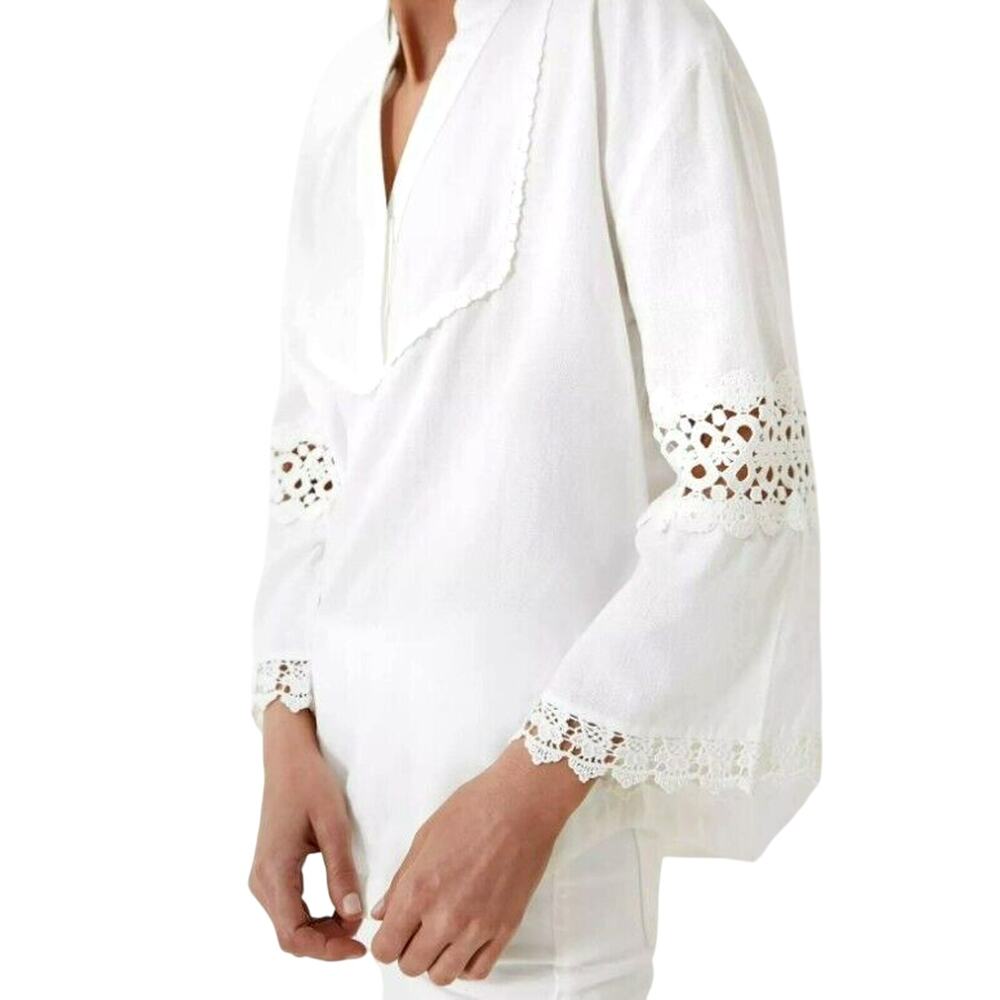 TUCKERNUCK Women's XXL Blanc White Piper Lace Top Tunic Cotton Linen Bell Sleeve